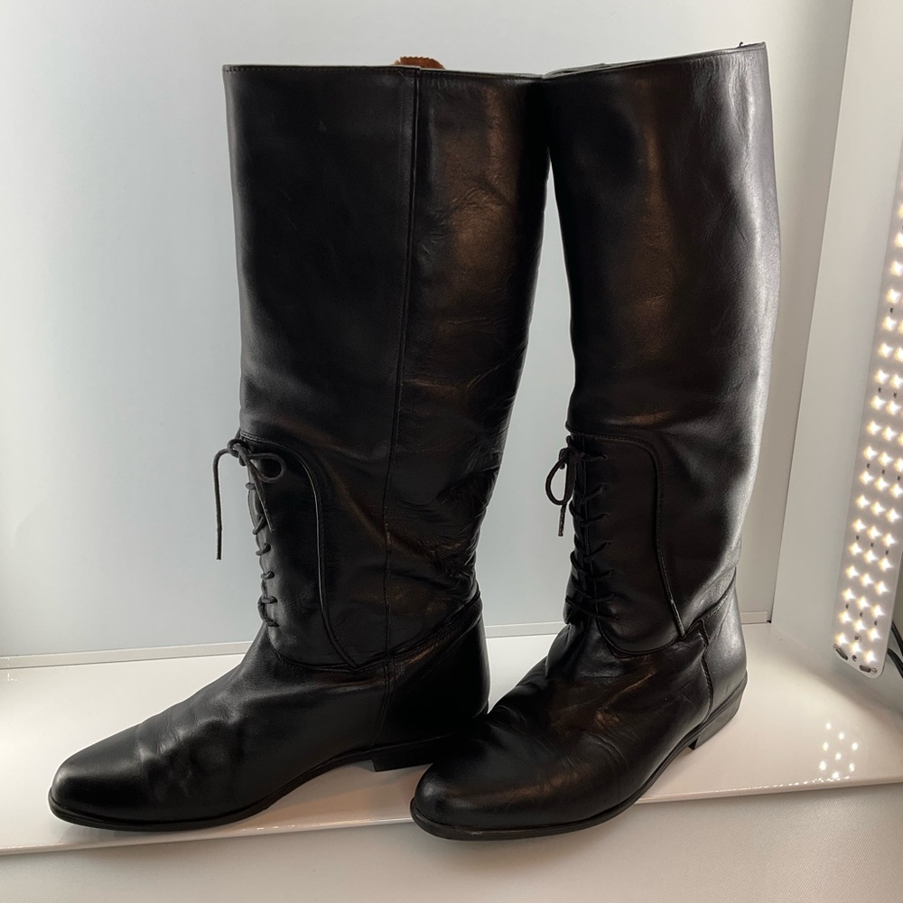 vtg SAVIDA sz 7 Leather Knee High Boots Tie Front Flat Heel Slip On Black - Picture 4 of 8